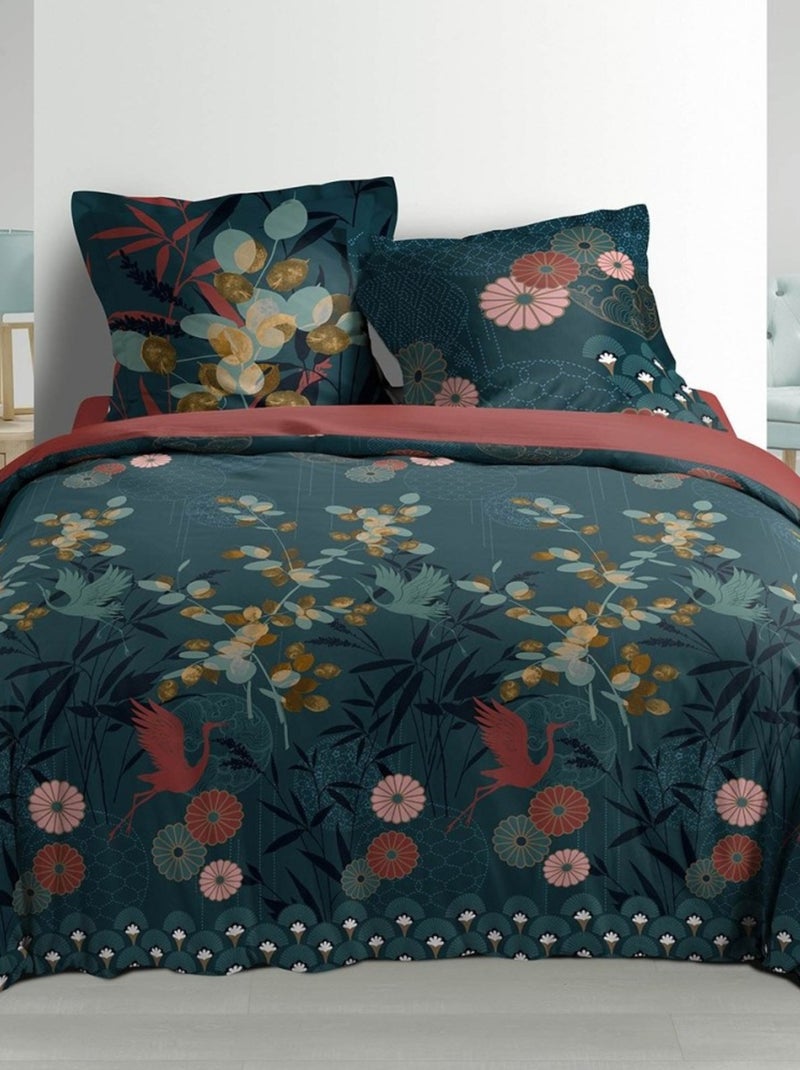 Housse de couette  + 2 taies Yuki coton percale 78 fils Bleu - Kiabi