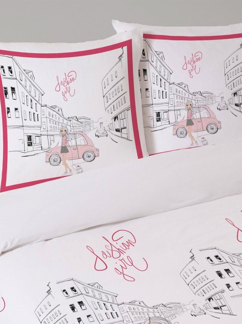 Housse de couette 200x200 Fashion girl + 2 taies coton 52 fils Rose - Kiabi