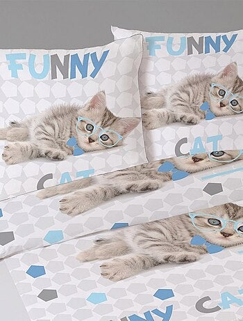Housse de couette 200x200 Funny cat + 2 taies coton 41 fils
