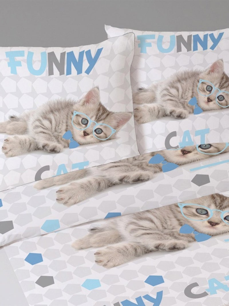 Housse de couette 200x200 Funny cat + 2 taies coton 41 fils Bleu - Kiabi