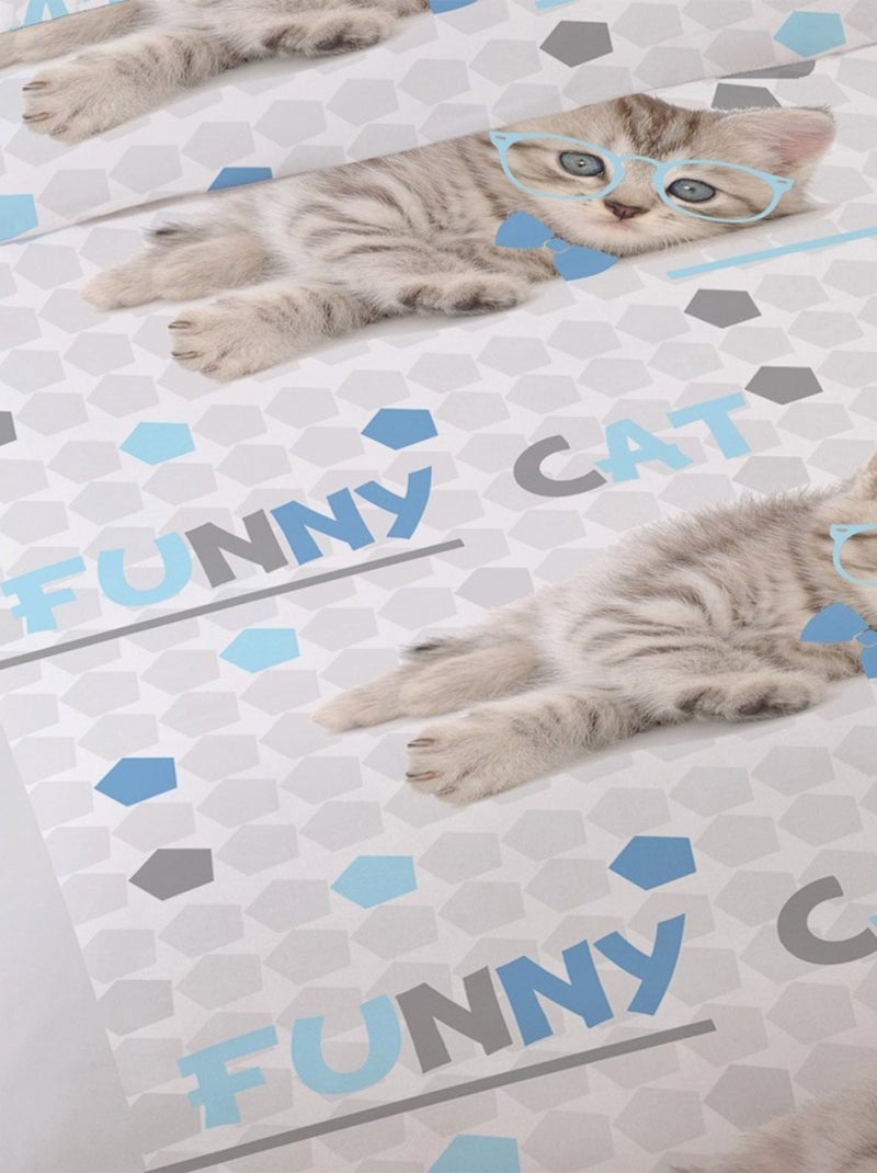 Housse de couette 200x200 Funny cat + 2 taies coton 41 fils Bleu - Kiabi
