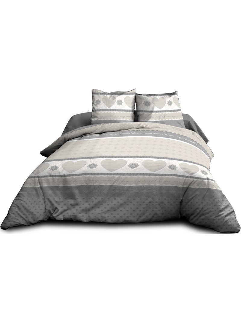 Housse de couette 220x240 + 2 taies - Pur coton 57 fils - Coeurs gris Gris - Kiabi