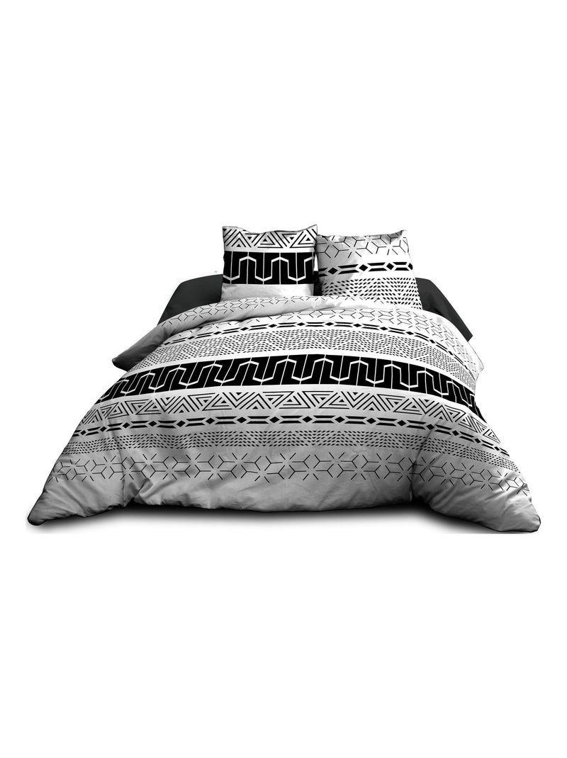 Housse de couette 220x240 + 2 taies - Pur coton 57 fils - Graphic Noir - Kiabi