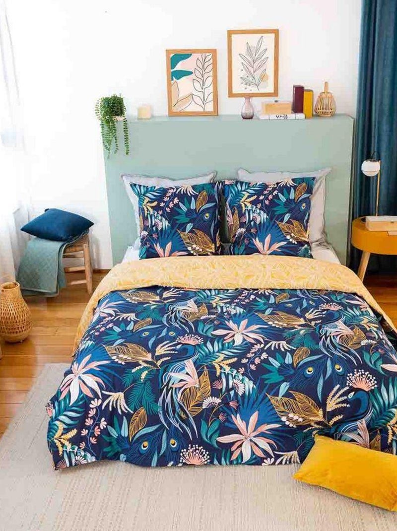 Housse de couette 220x240 cm + 2 taies d'oreiller 63x63 cm 100% Coton 57 fils Aglae Bleu foncé - Kiabi