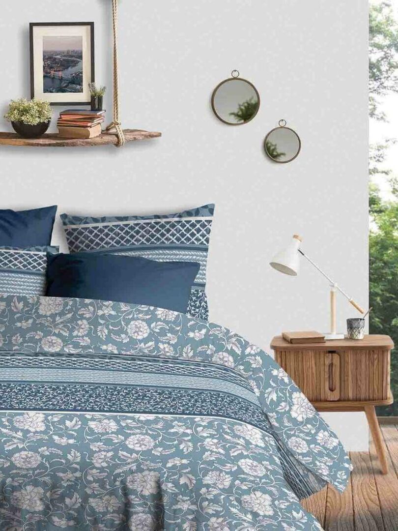 Housse de couette 220x240 + 2 taies - Pur coton 57 fils - Flora - Bleu -  Kiabi - 34.90€