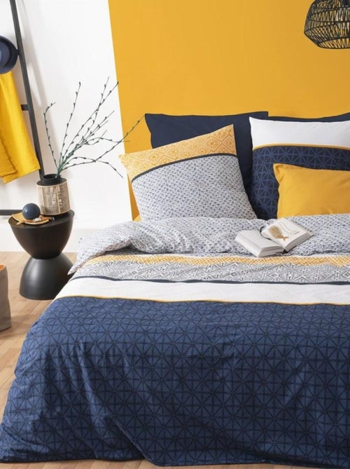 Housse de couette 220x240 Rayures ethniques bleu + 2 taies 100% coton 57 fils - Kiabi