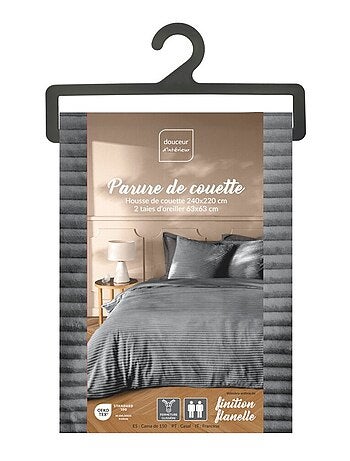 Housse de couette 240x220 + 2 taies anthracite finition flanelle