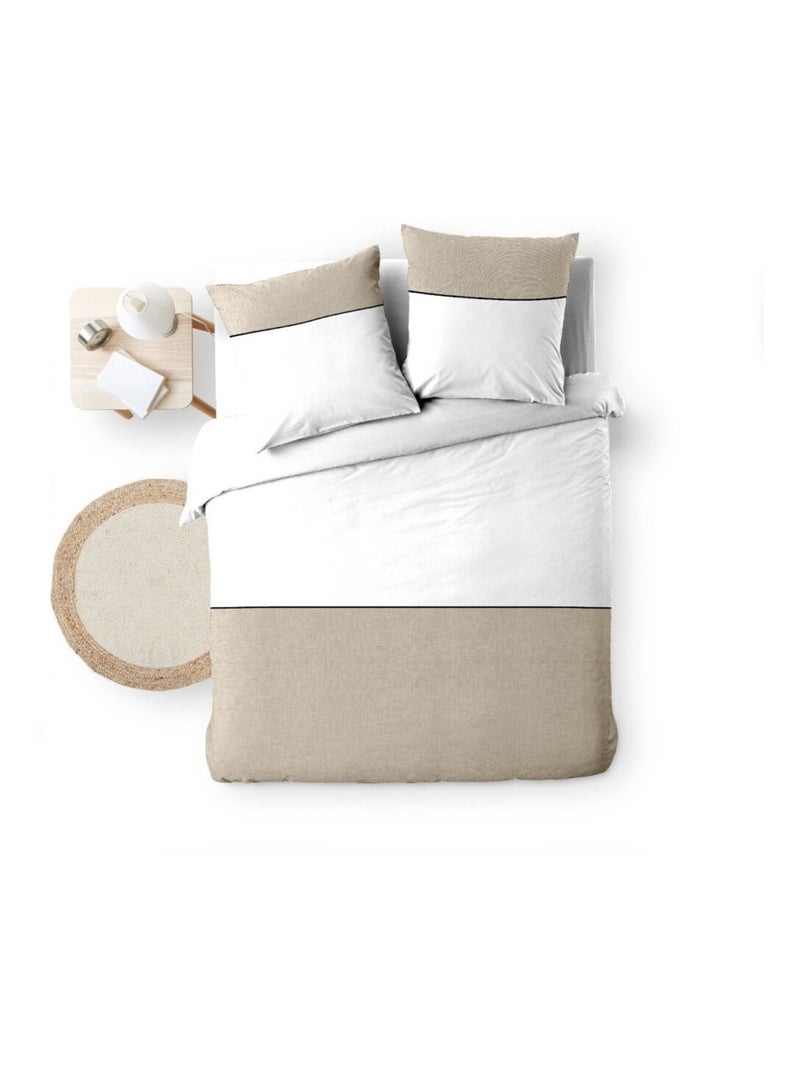 Housse de couette 240x220 + 2 taies bicolore 100% coton 57fils Blanc - Kiabi