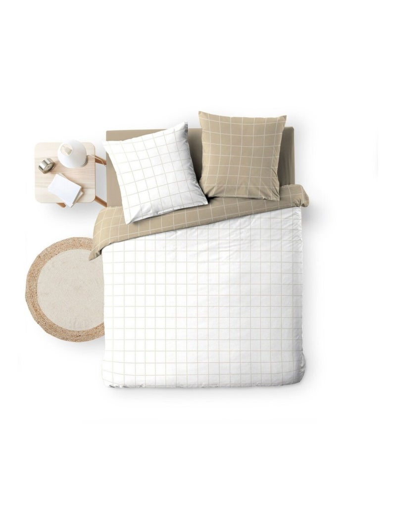 Housse de couette 240x220 + 2 taies CARREAUX 100% coton 57fils Blanc - Kiabi