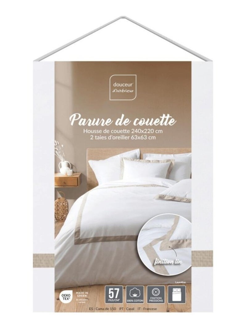 Housse de couette 240x220 + 2 taies empiècement lin Blanc - Kiabi