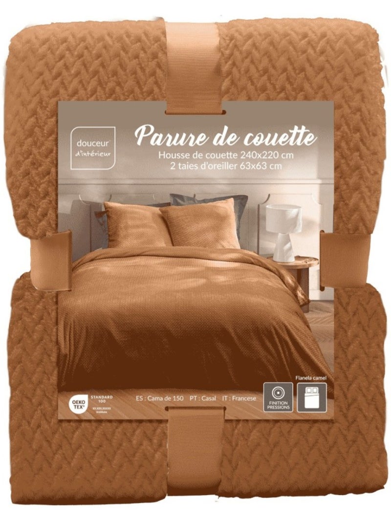 Housse de couette 240x220 + 2 taies flanelle coloris camel Jaune - Kiabi