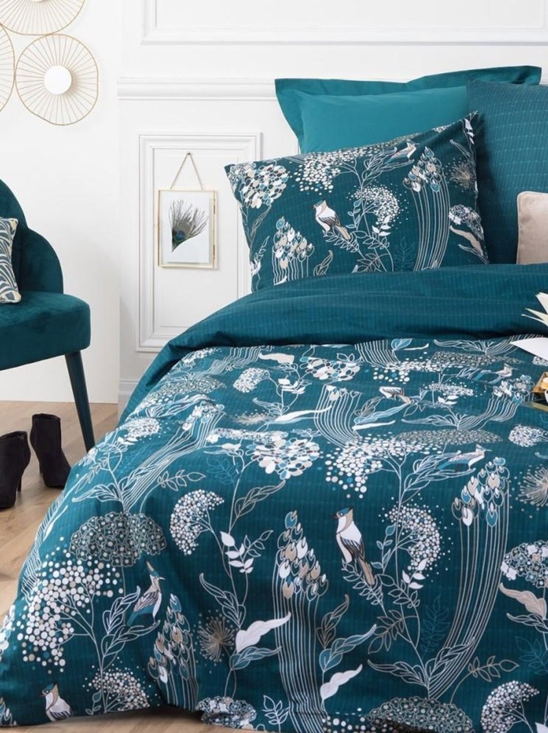 Housse de couette 240x220 Art Paon + 2 taies 100% coton 57 fils Bleu - Kiabi
