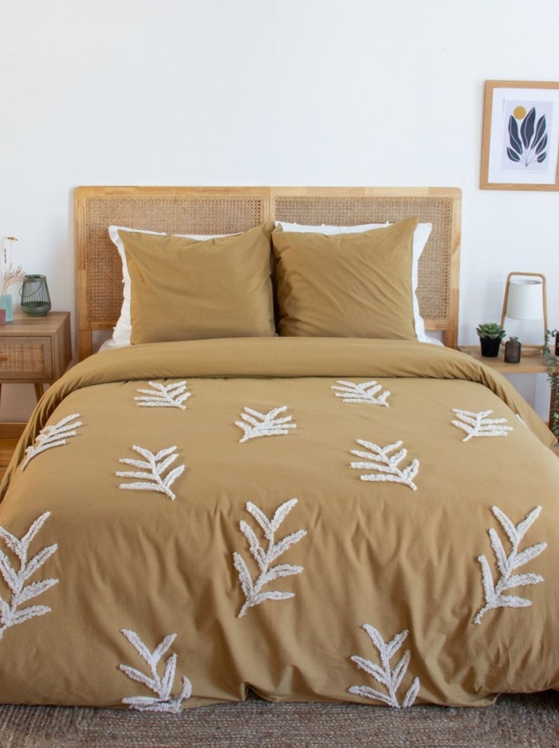 Housse de couette 240x220 FEUILLU + 2 taies 100% coton lavé 52 fils Marron - Kiabi