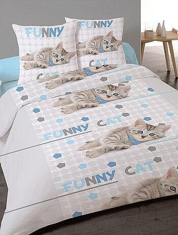 Housse de couette 240x220 Funny cat + 2 taies coton 41 fils