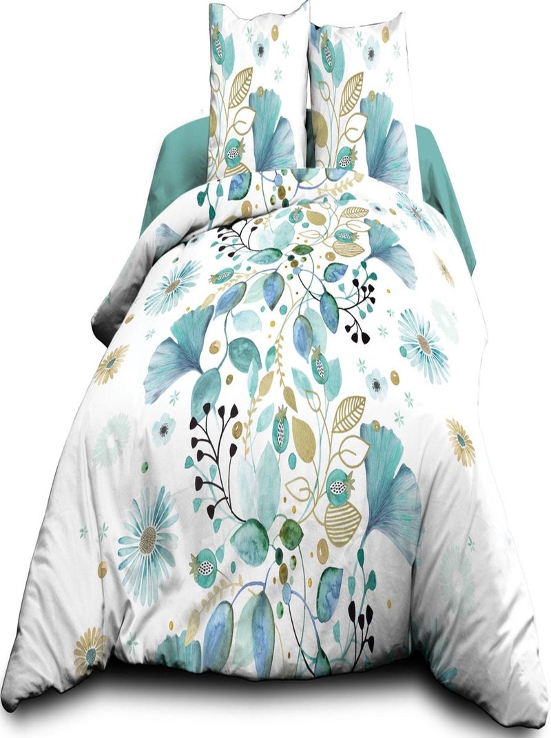 Housse de couette 240x260 + 2 taies - Pur coton 57 fils - Bloom Bleu turquoise - Kiabi
