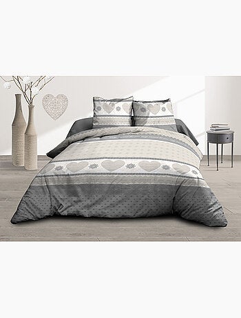 Housse de couette 240x260 + 2 taies - Pur coton 57 fils - Coeurs gris