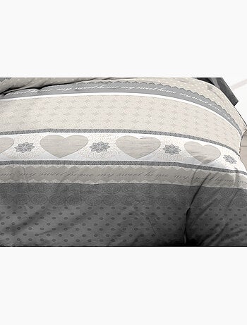 Housse de couette 240x260 + 2 taies - Pur coton 57 fils - Coeurs gris
