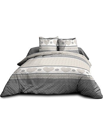Housse de couette 240x260 + 2 taies - Pur coton 57 fils - Coeurs gris