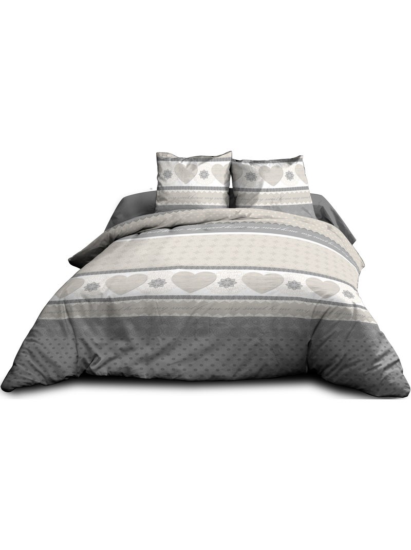 Housse de couette 240x260 + 2 taies - Pur coton 57 fils - Coeurs gris Gris - Kiabi