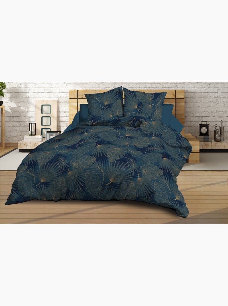 Housse de couette 240x260 + 2 taies Microfibre - Entretien Facile - Olinda bleu Bleu Doré - Kiabi
