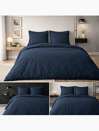 Housse de couette 260 x 240 cm Percale de coton 78 fils Bleu Nuit + 2 taies 63 x 63 cm