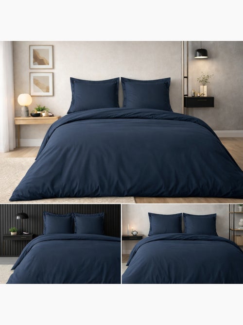 Housse de couette 260 x 240 cm Percale de coton 78 fils Bleu Nuit + 2 taies 63 x 63 cm - Kiabi