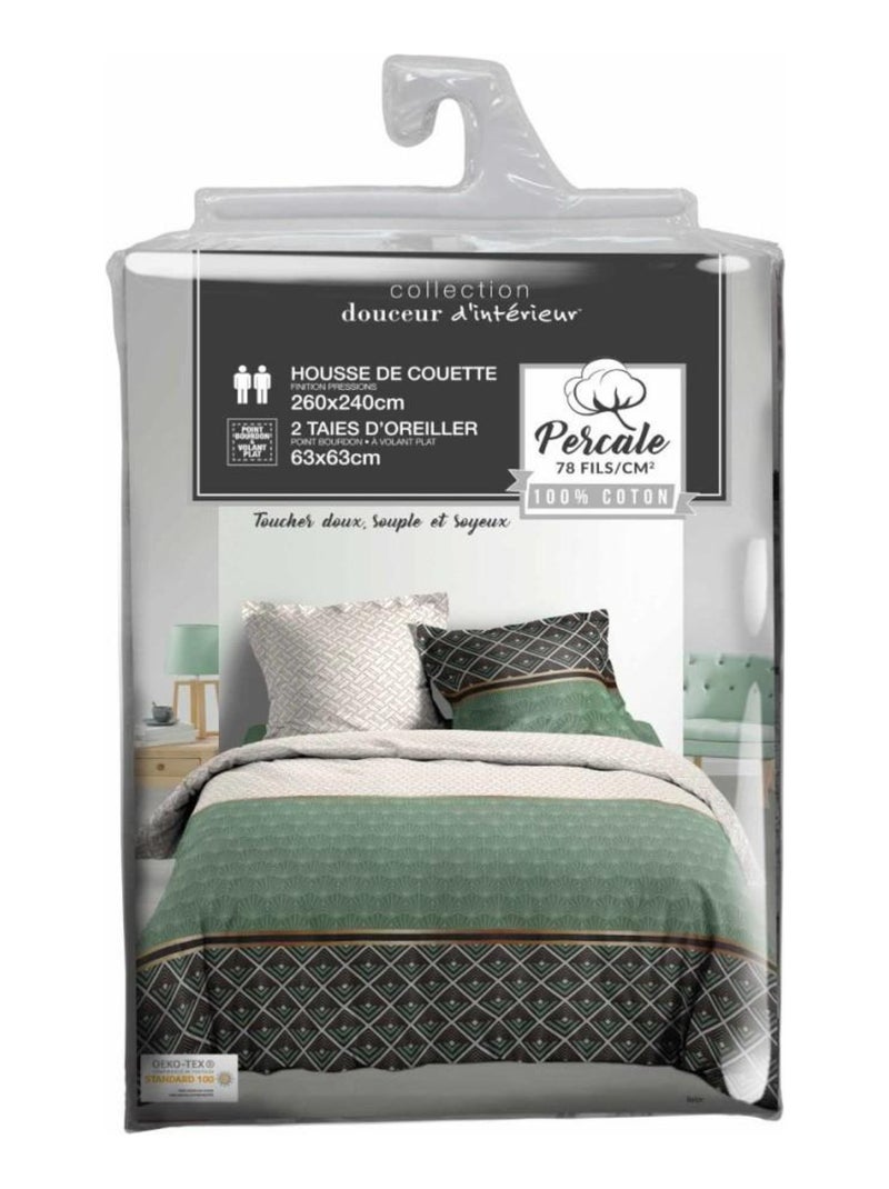 Housse de couette 260x240 + 2 taies Belor coton Percale 78 fils Vert - Kiabi
