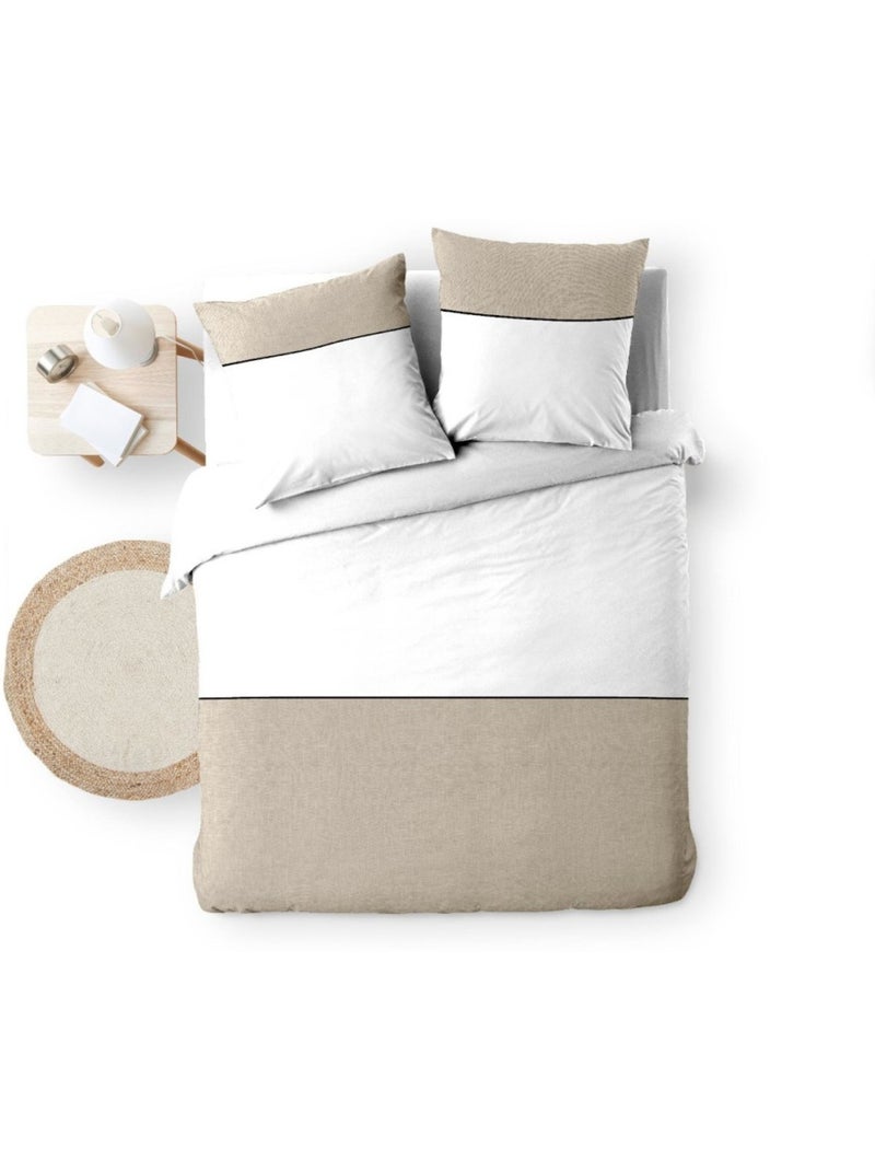 Housse de couette 260x240 + 2 taies bicolore 100% coton 57fils Blanc - Kiabi