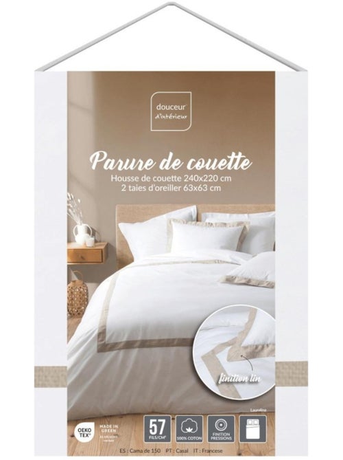 Housse de couette 260x240 + 2 taies empiècement lin - Kiabi Housse de couette 260x240 + 2 taies empiècement lin - Kiabi