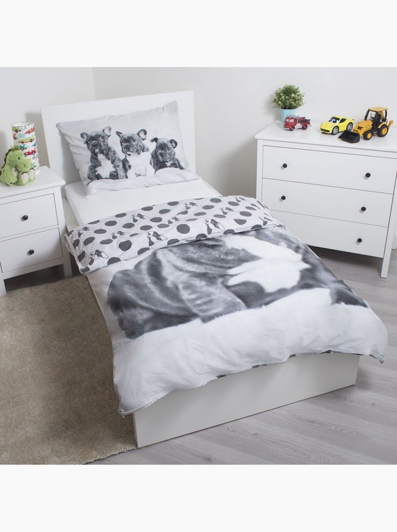 Housse de Couette Bouledogue Français 140x200 cm + Taie d'oreiller - Coton Blanc Gris - Kiabi