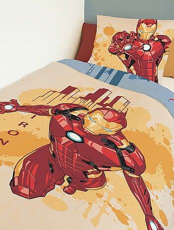 Housse de couette Captain America et Iron Man Marvel 140x200 cm - 100% Coton - Bleu/Jaune