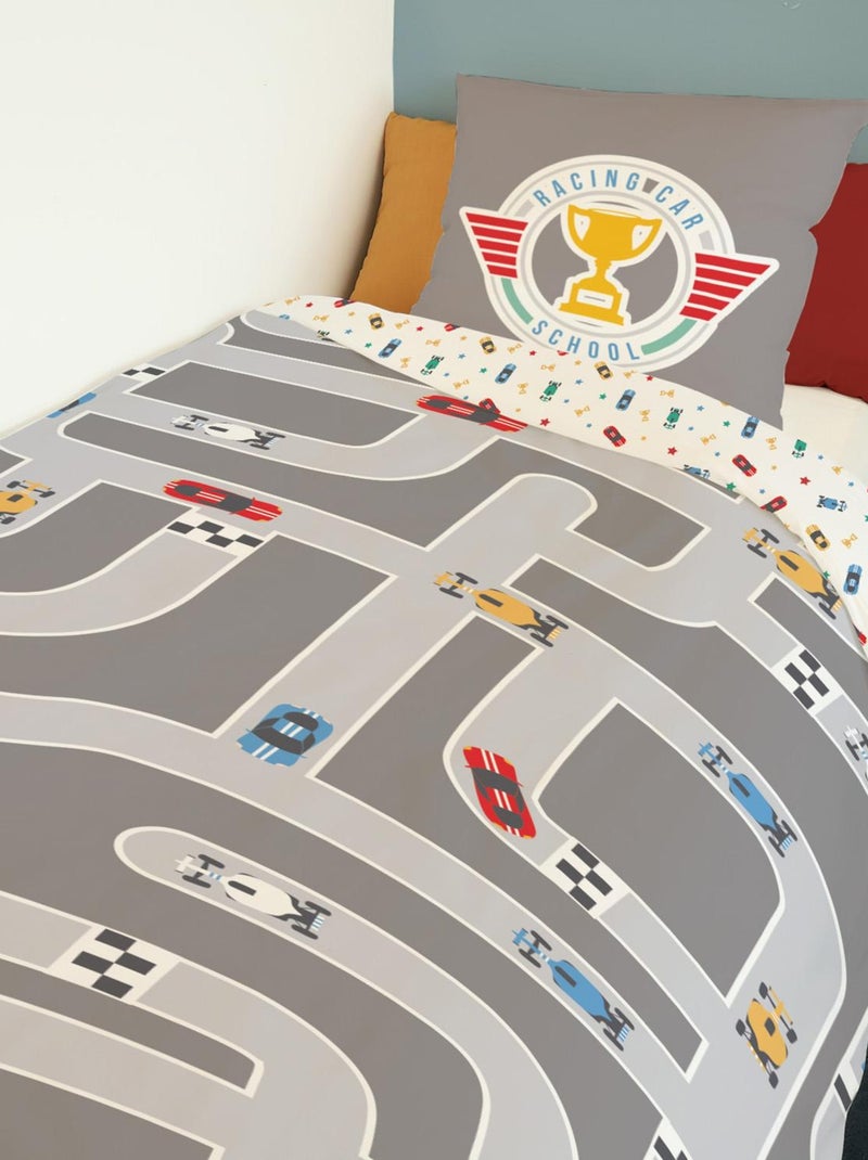 Housse de couette circuit voiture 140x200 cm - 100% Coton - Gris Gris - Kiabi