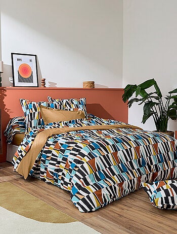 Housse de couette coton géométrique réversible uni