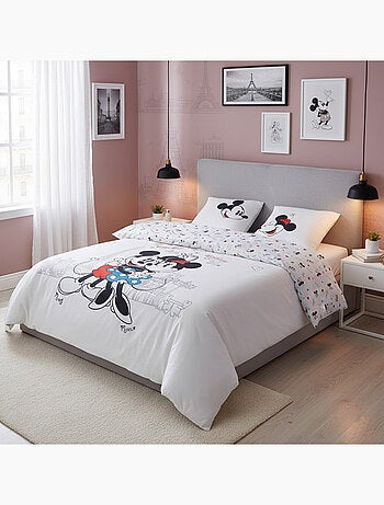 Housse de couette Disney Mickey et Minnie 220x240 cm - 100% Coton - Ecru