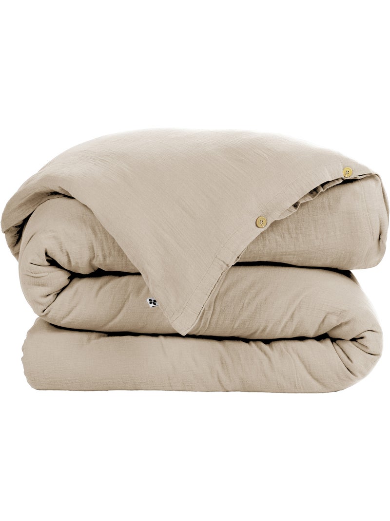 Housse de couette – double gaze de coton - finition boutons en bois - gaïa Beige Ficelle - Kiabi