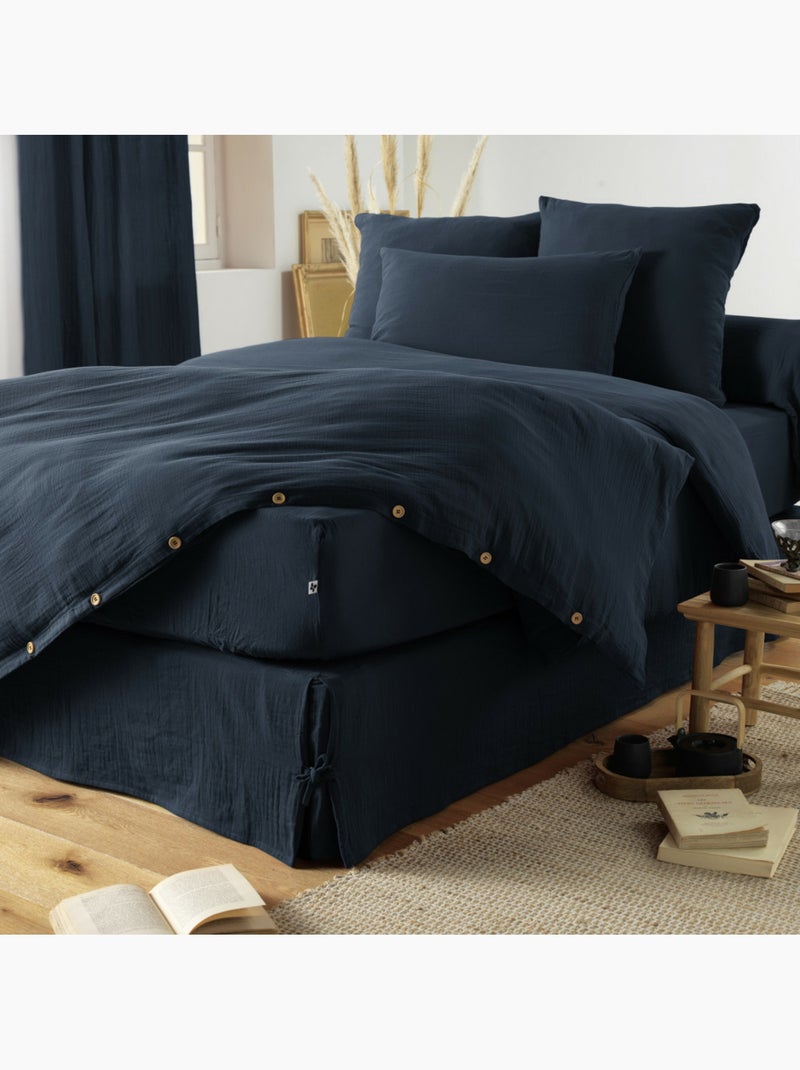 Housse de couette – Double Gaze de Coton - Finition boutons en bois - Gaïa Bleu foncé - Kiabi