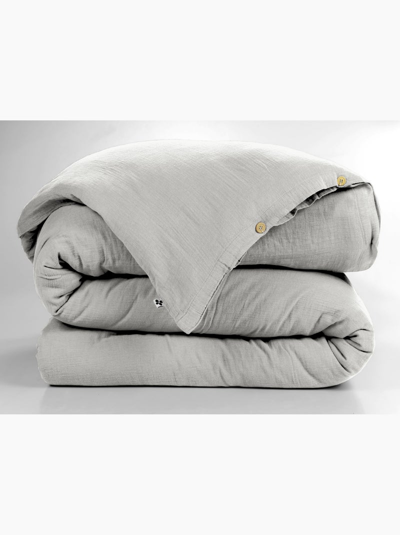 Housse de couette – Double Gaze de Coton - Finition boutons en bois - Gaïa Gris nuage - Kiabi