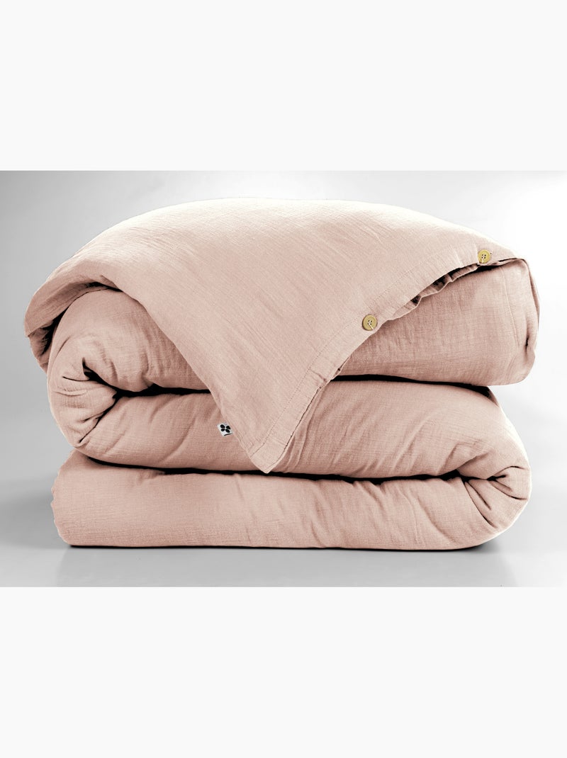 Housse de couette – double gaze de coton - finition boutons en bois - gaïa Rose poudré - Kiabi