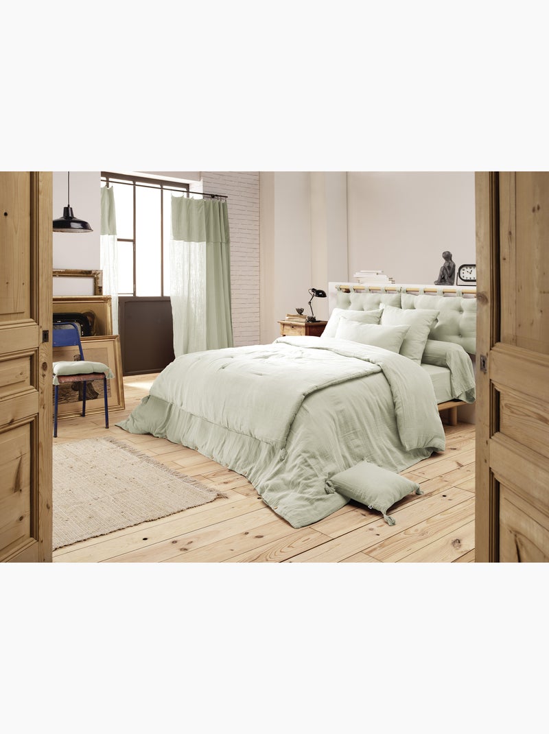 Housse de couette double gaze de coton  + 2 taies d’oreiller 60x60 cm Vert d'eau - Kiabi