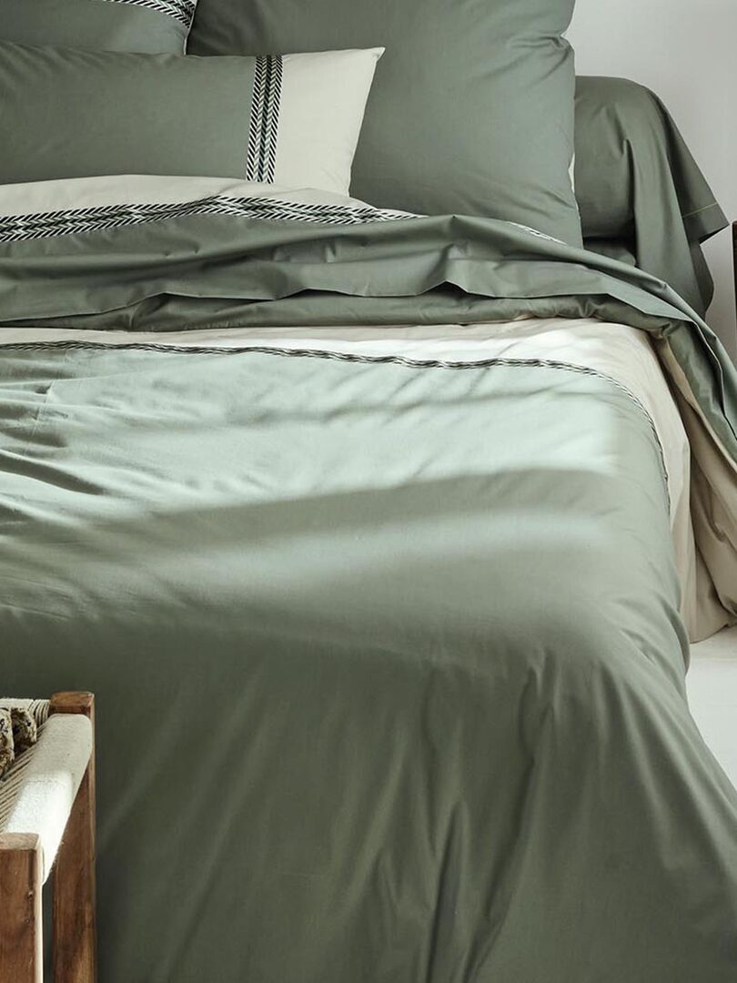 Housse de couette en percale de coton au galon géométrique - Vert olive