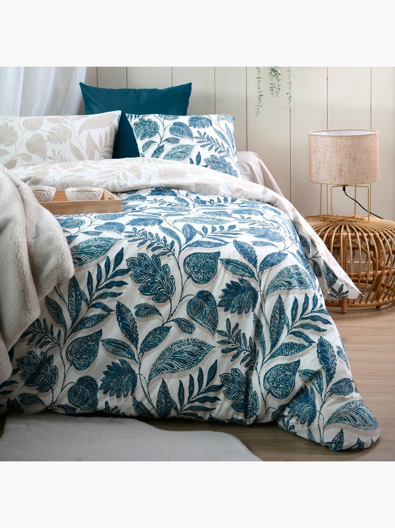 Housse de couette en percale de coton motif vegetal Bleu - Kiabi