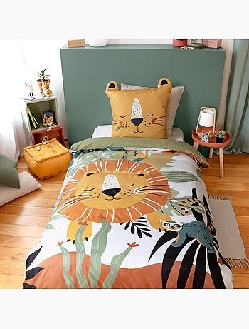Housse de couette enfant 140x200 + 1 taie Lion avec oreilles