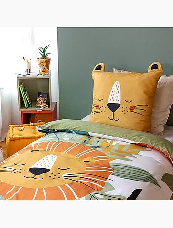Housse de couette enfant 140x200 + 1 taie Lion avec oreilles