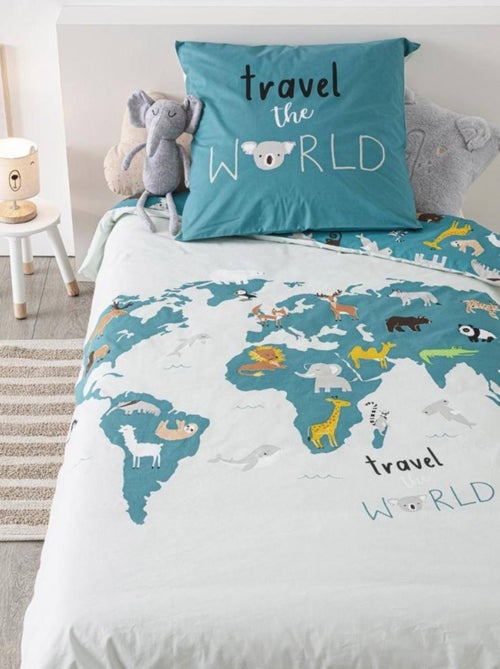 Housse de couette enfant 140x200 Carte du monde + taie 100% coton 57 fils - Kiabi