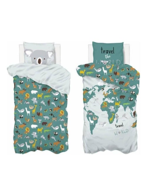 Housse de couette enfant 140x200 Carte du monde + taie 100% coton 57 fils - Kiabi
