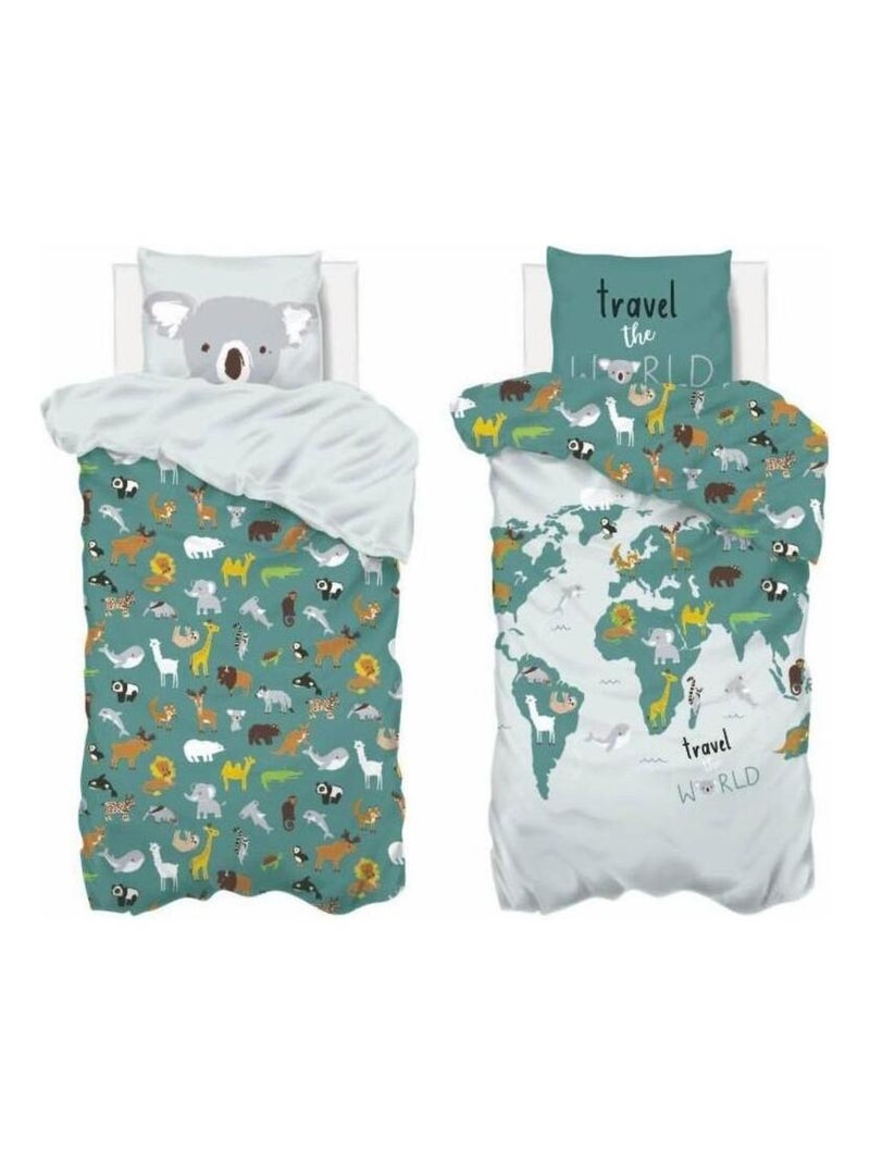 Housse de couette enfant 140x200 Carte du monde + taie 100% coton 57 fils Bleu - Kiabi