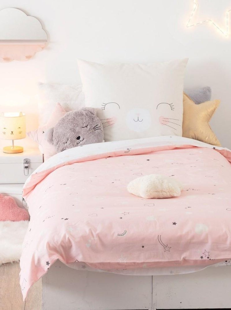 Housse de couette enfant 140x200 Chat + taie 100% coton bio 57 fils Rose - Kiabi