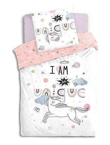 Housse de couette enfant 140x200 Licorne + taie 100% coton 57 fils