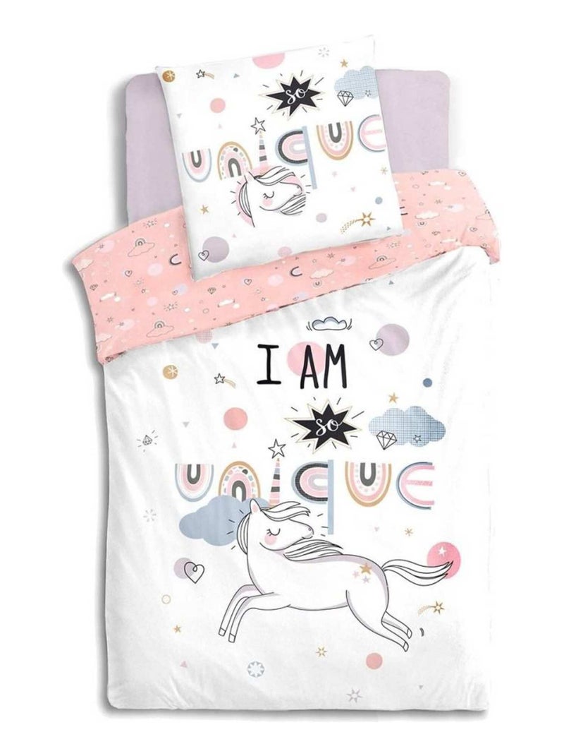Housse de couette enfant 140x200 Licorne + taie 100% coton 57 fils Blanc - Kiabi