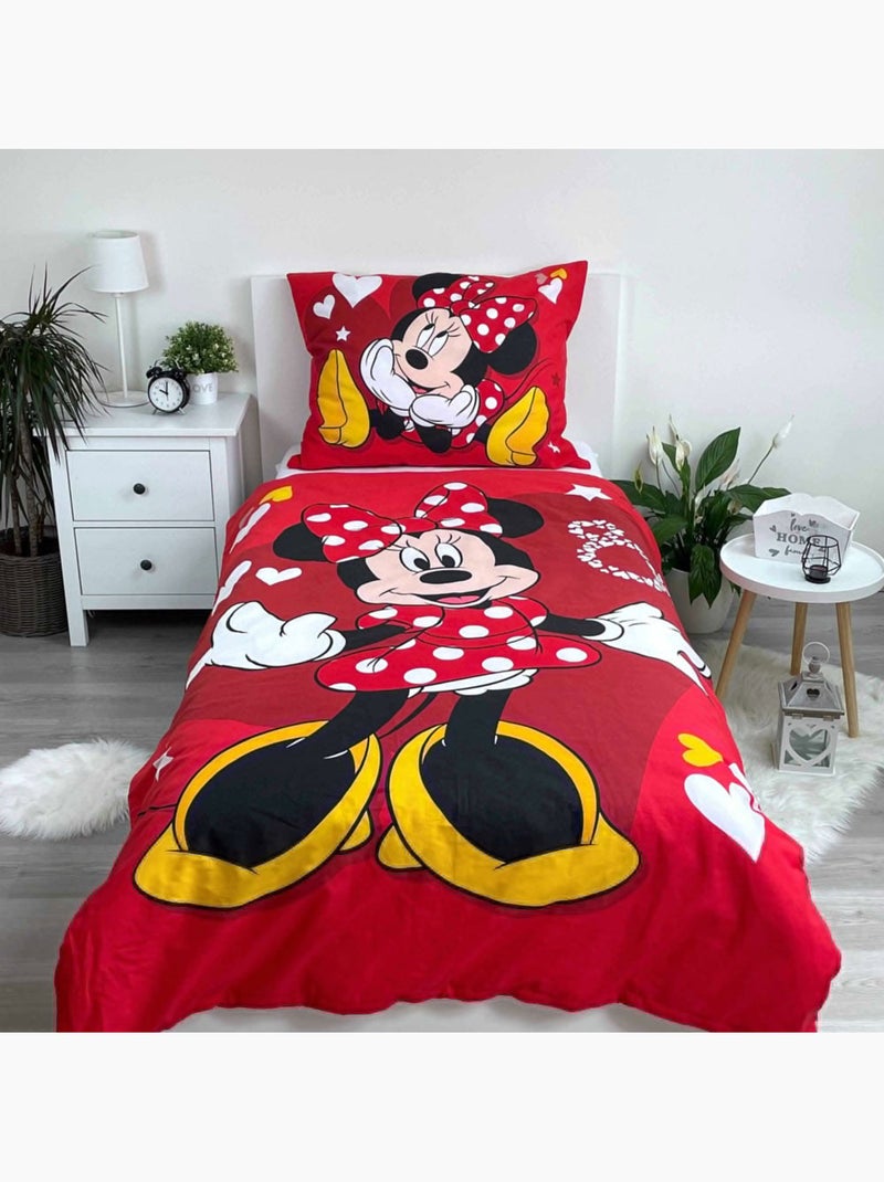 Housse de Couette enfant Minnie Love 140x200 cm avec taie - Parure de lit en coton Noir / Rouge / Jaune - Kiabi